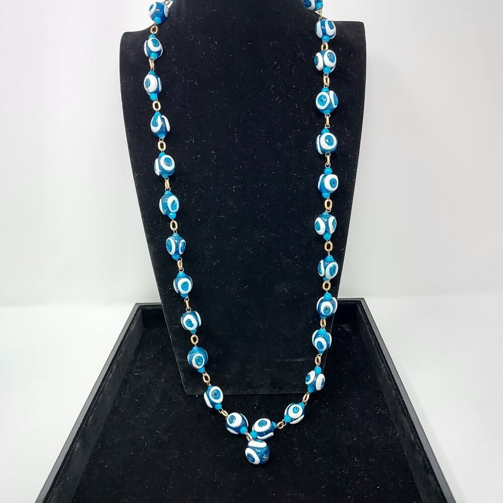 Vintage Murano Venetian Evil Eye Glass Bead Necklace Cobalt Blue White 35"